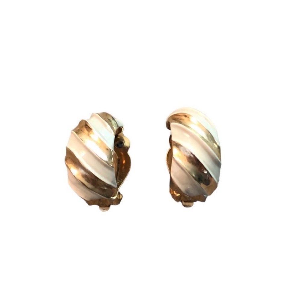 Les Bernard Vintage Gold Tone Cream Striped Half Hoop Clip-On Earrings